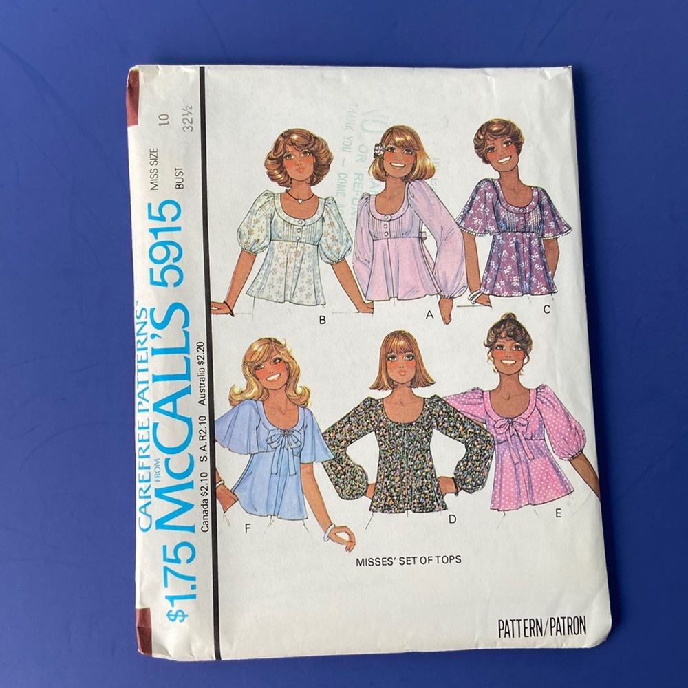 Vintage sewing pattern. Uncut Misses’ size 10 set of tops